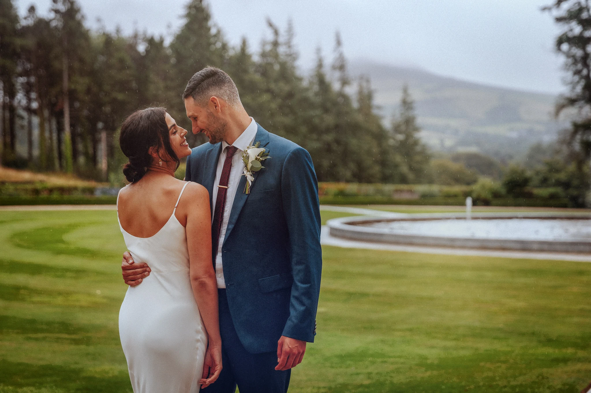 Relaxed bride and groom portrait in Irish wedding gardens